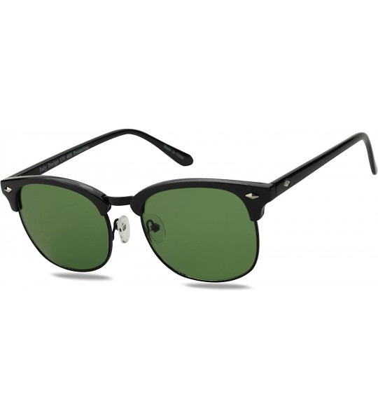 Rimless Premium Vintage Clubmaster Sunglasses - Black Frame W/Black Trim Frame and Green Glass Lens - CR197HH47UD $23.81