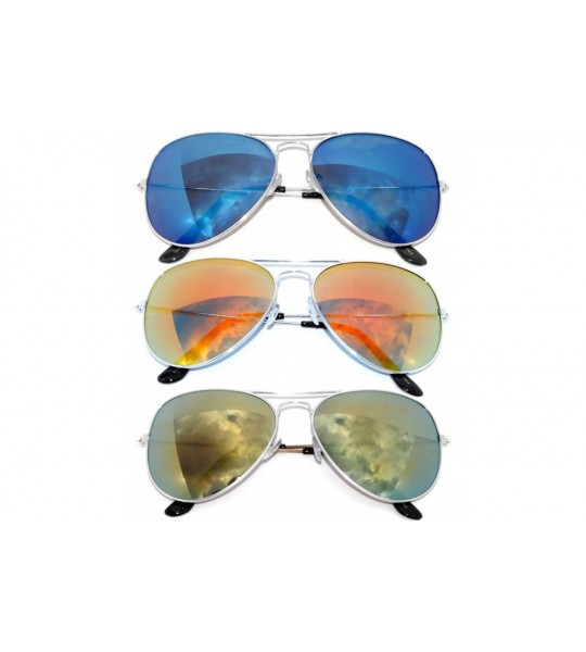 Oversized 3 Pairs Classic Aviator Style Sunglasses Metal Frame Colored Lens - Silver Frame 1blue_1red_1yellow Mirror Lens - C...