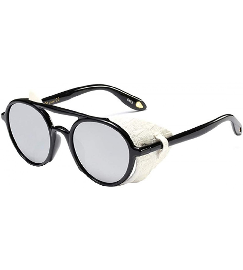 Round Women's Retro Classic Round Plastic Frame Sunglasses With Leather - Bright Black White - CS18W8G8H4K $44.43
