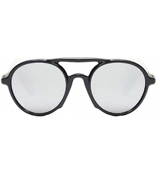 Round Women's Retro Classic Round Plastic Frame Sunglasses With Leather - Bright Black White - CS18W8G8H4K $44.43