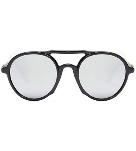 Round Women's Retro Classic Round Plastic Frame Sunglasses With Leather - Bright Black White - CS18W8G8H4K $44.43