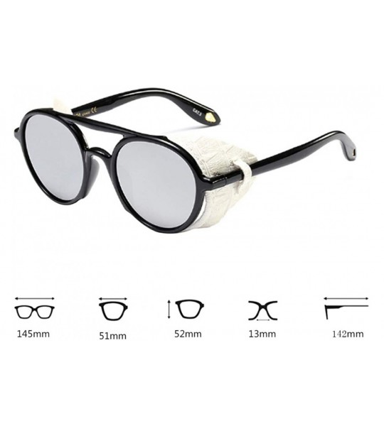 Round Women's Retro Classic Round Plastic Frame Sunglasses With Leather - Bright Black White - CS18W8G8H4K $44.43