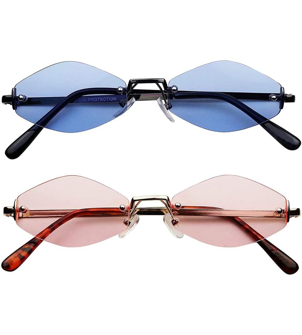 Oval Slim Narrow Diamond Hexagon Shape Sunglasses Rimless Metal Frame Candy Colored Tint Lens Skinny Fashion Shades - C018UX8...