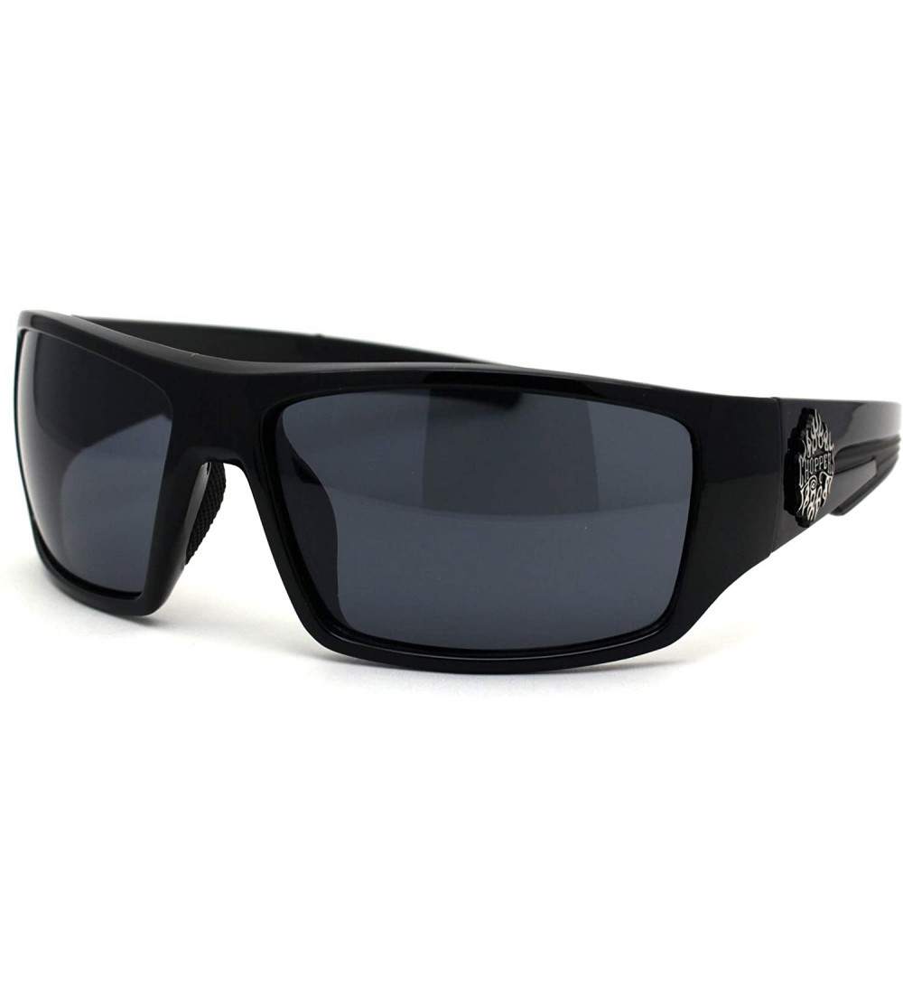 Square Flame Logo Biker Warp Plastic Rectangular Sunglasses - Shiny Black - CH194KQCE8I $23.53