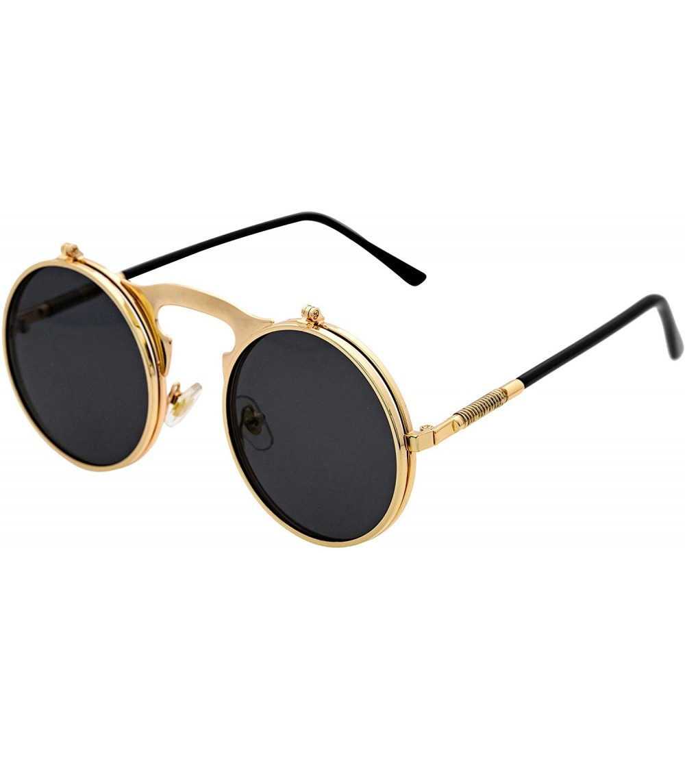 Round Flip up Steampunk Round Circle Retro Sunglasses - Gold-black - CT18Z3ZLY9Z $21.35
