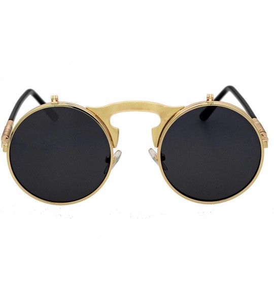 Round Flip up Steampunk Round Circle Retro Sunglasses - Gold-black - CT18Z3ZLY9Z $21.35