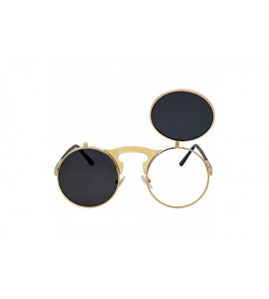 Round Flip up Steampunk Round Circle Retro Sunglasses - Gold-black - CT18Z3ZLY9Z $21.35