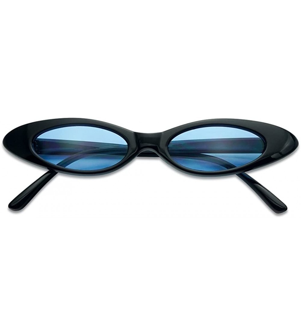 Cat Eye Tiny Retro Oval Cat Eye Sun Glasses 90's Vintage Clout Color Tinted Mod Chic Shades - Black Frame - Blue - CJ18G4R4KI...