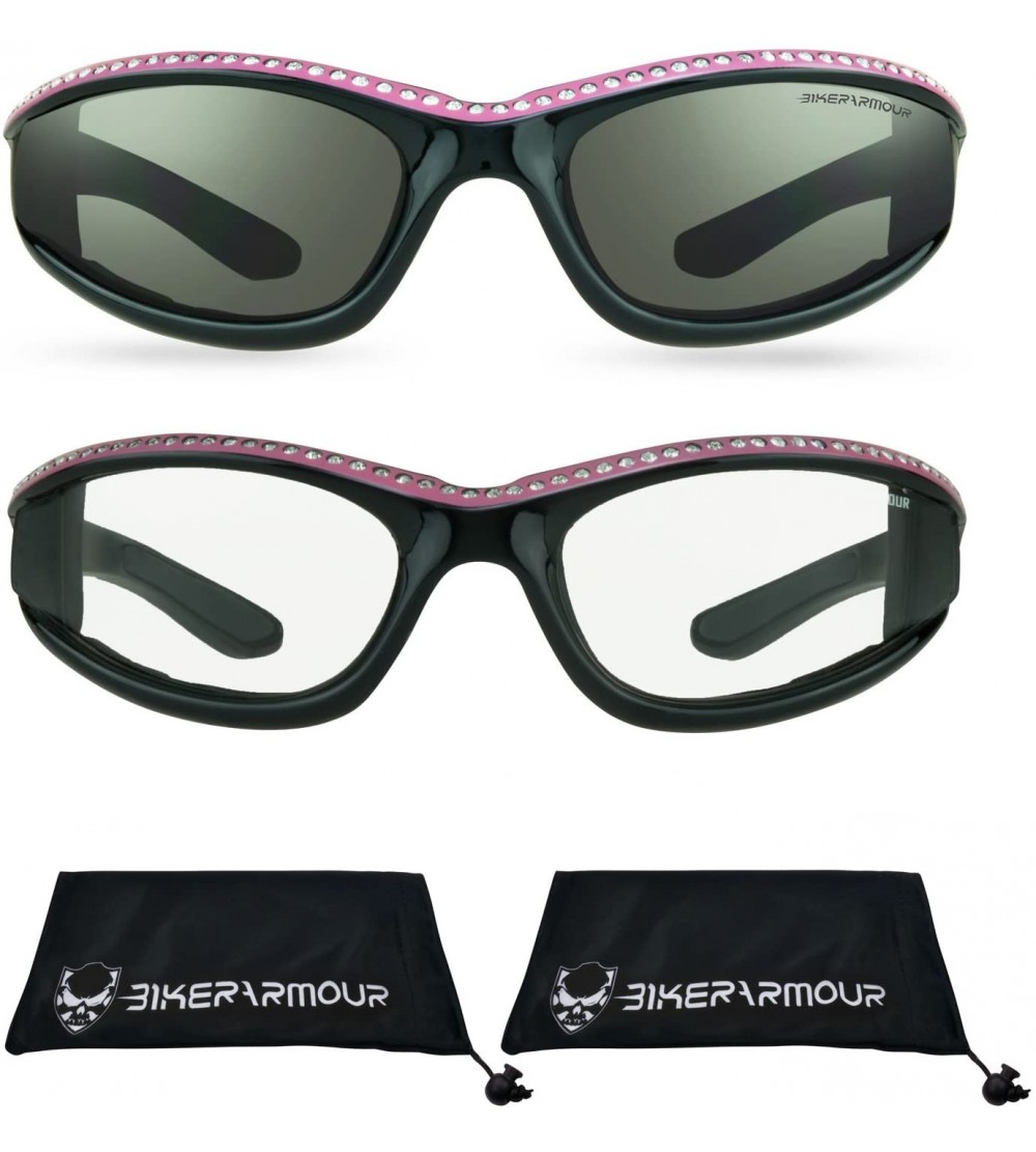 Goggle Rhinestone Motorcycle Sunglasses Foam Padded for Women. (Smoke Pink + Clear Pink Combo) - CC187QMYCG0 $70.61