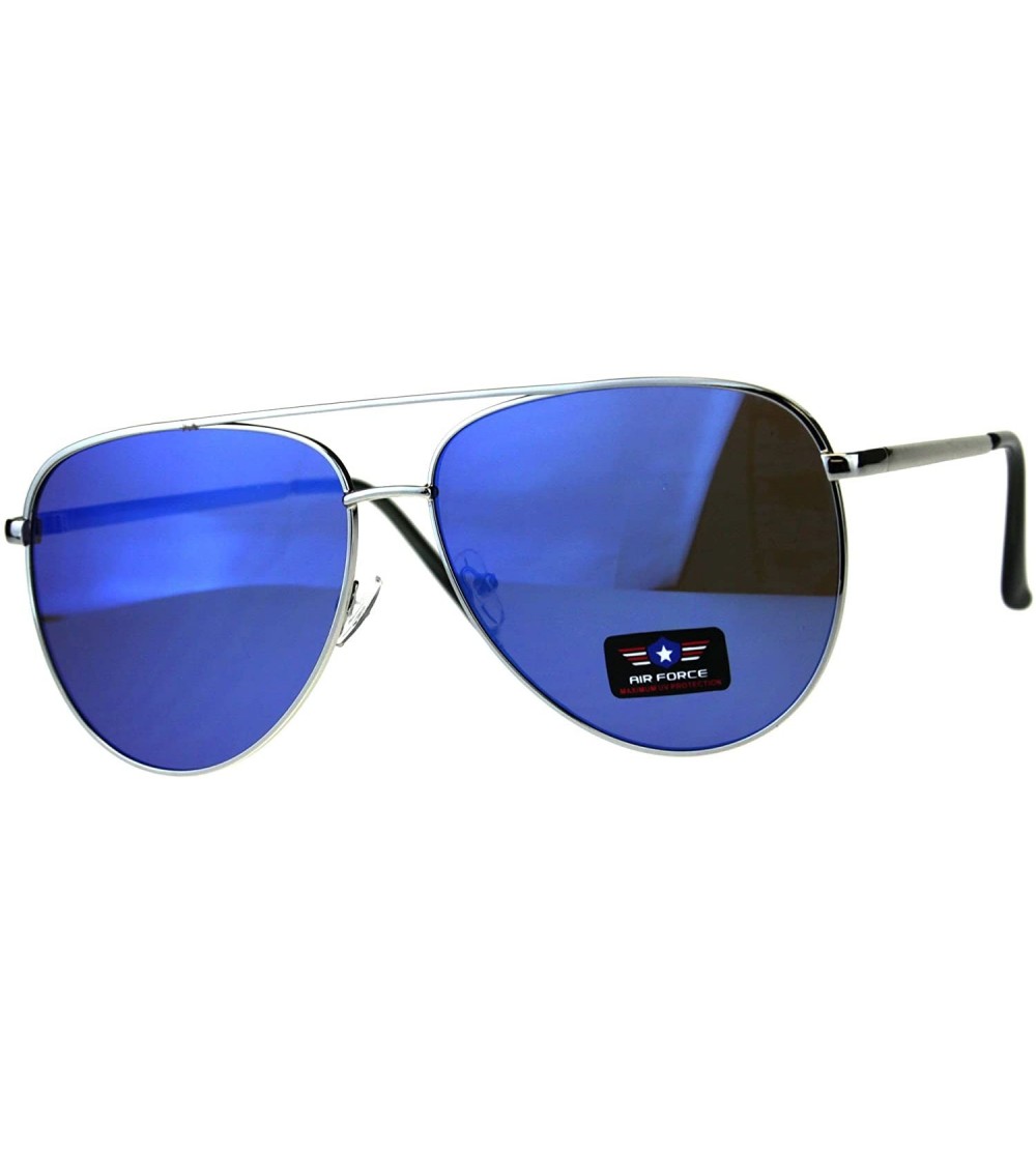Aviator Air Force Aviator Sunglasses Unisex Flat Top Pilot Aviators UV 400 - Silver (Blue Mirror) - C718E6KS3UH $21.25