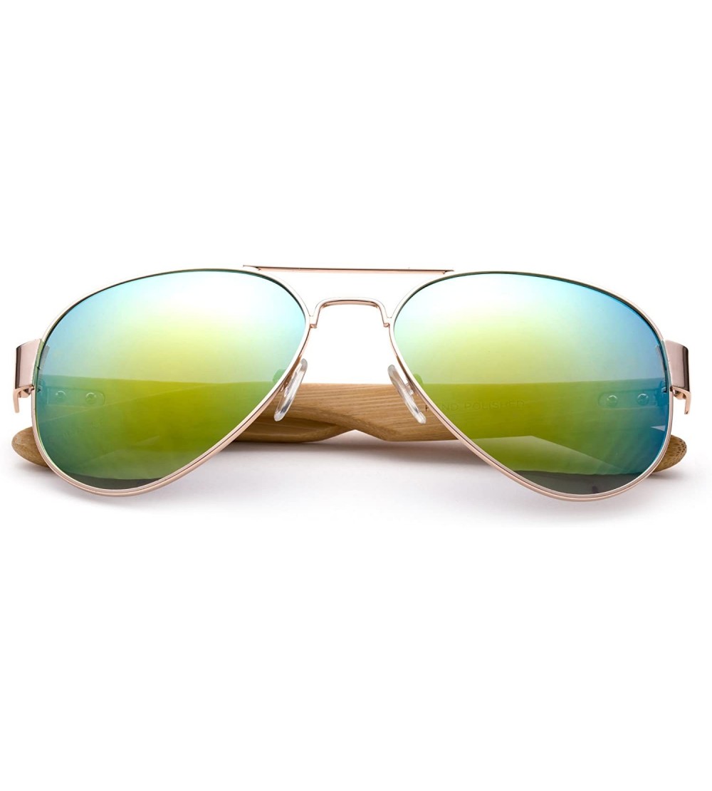 Oversized High Qaulity Real Bamboo Arm Aviator Sunglasses Bamboo Sunglasses for Men & Women - Yellow Flash - CS18ELS5M47 $25.83