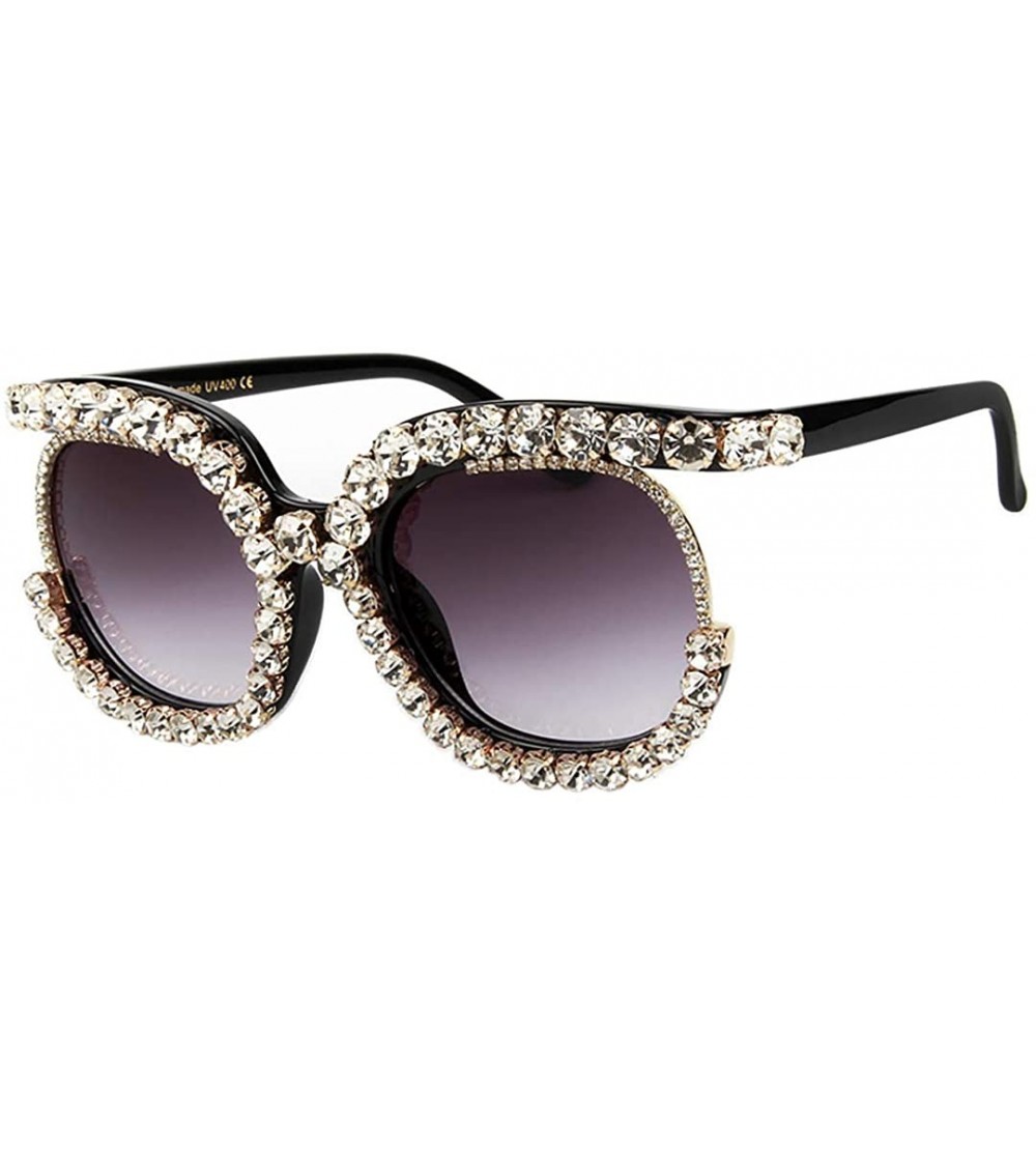 Round Oversized Rhinestone Aviator Sunglasses for Women Diamond Shades - Grey Lens/White Rhinestone a - CP18XT0HENG $33.47