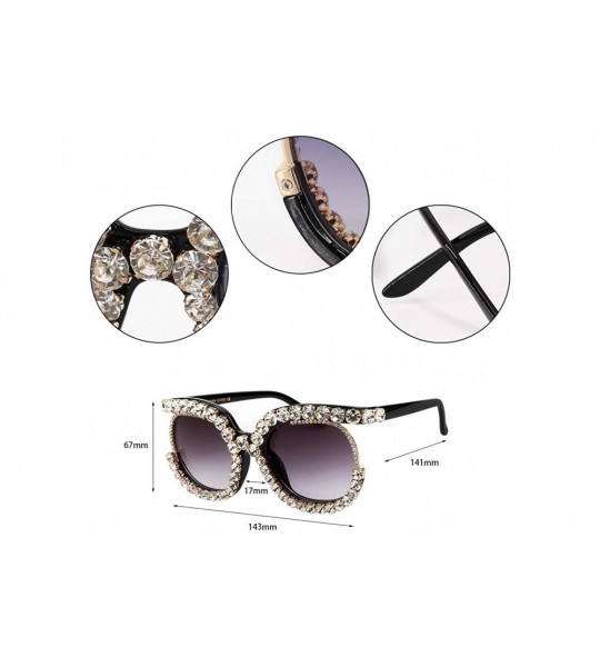 Round Oversized Rhinestone Aviator Sunglasses for Women Diamond Shades - Grey Lens/White Rhinestone a - CP18XT0HENG $33.47