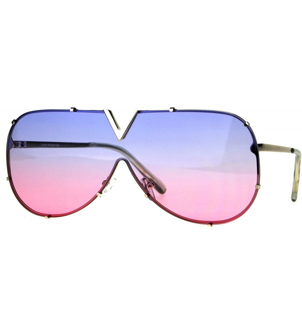 Aviator V Top Oversized Sunglasses Designer Style Shield Aviators UV 400 - Silver (Blue Pink) - CS18990U9N0 $21.19