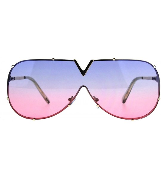 Aviator V Top Oversized Sunglasses Designer Style Shield Aviators UV 400 - Silver (Blue Pink) - CS18990U9N0 $21.19