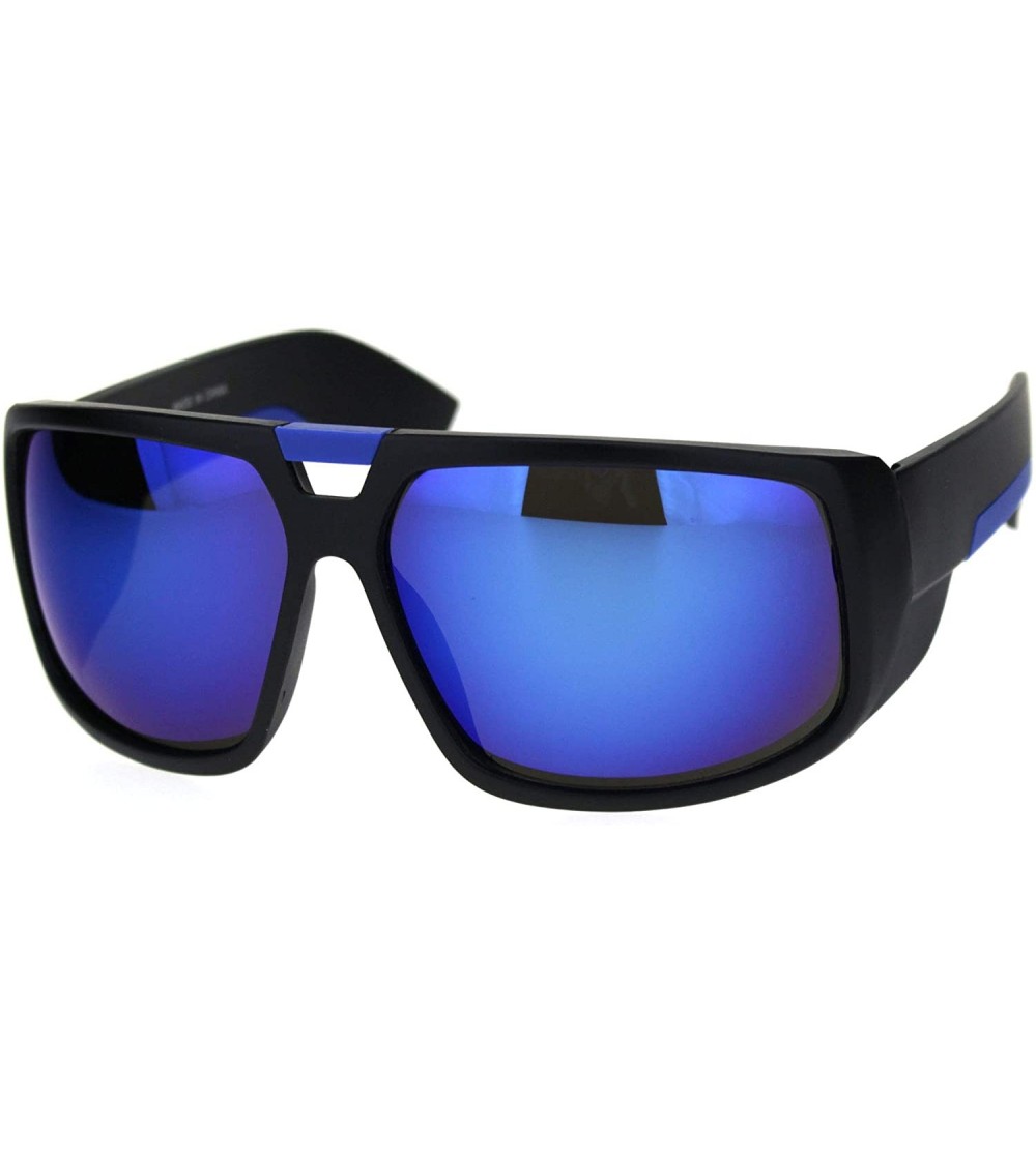 Oversized Matte Plastic Oversize Flat Top Racer Sport Mens Sunglasses - Black Blue Blue Mirror - CP18R7MQGSQ $18.94