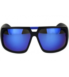 Oversized Matte Plastic Oversize Flat Top Racer Sport Mens Sunglasses - Black Blue Blue Mirror - CP18R7MQGSQ $18.94