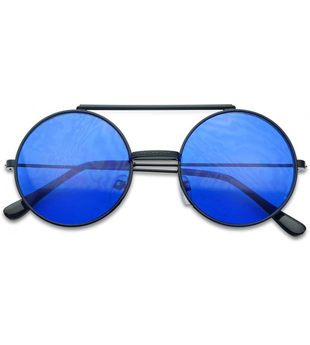 Oval Round Colored Flip-Up Django Inspired Clear lens Sunglasses - Black Frame - Blue Lens - CA18D8NNIKL $24.16