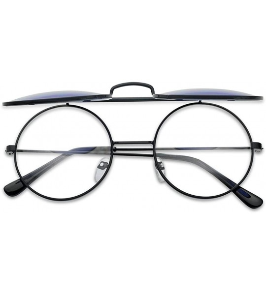 Oval Round Colored Flip-Up Django Inspired Clear lens Sunglasses - Black Frame - Blue Lens - CA18D8NNIKL $24.16