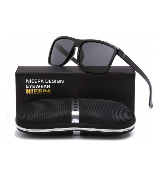 Square Men's Sports Polarized Sunglasses Square Frame Glasses - Grey Lens/Bright Black - CQ1860ZRW0R $20.82