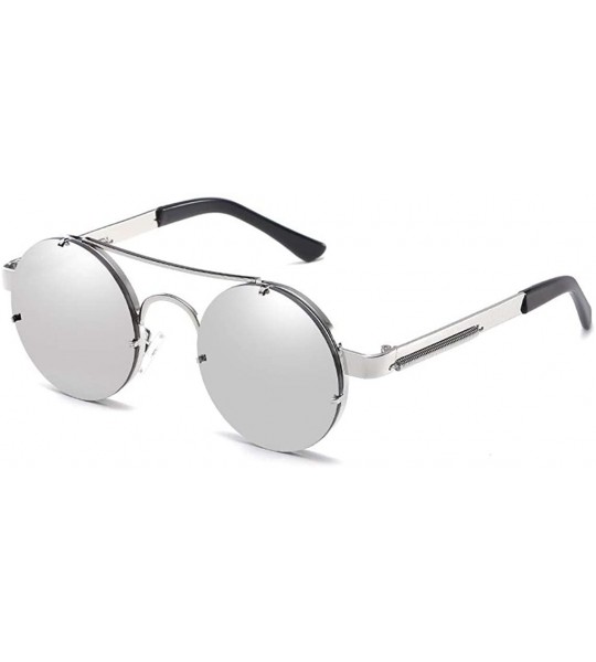 Wrap Retro Gothic SteamPunk Sunglasses Round Metal Frame Flat or Mirrored Lens Men Women - Silver Color - CL11RO6WDRN $53.44