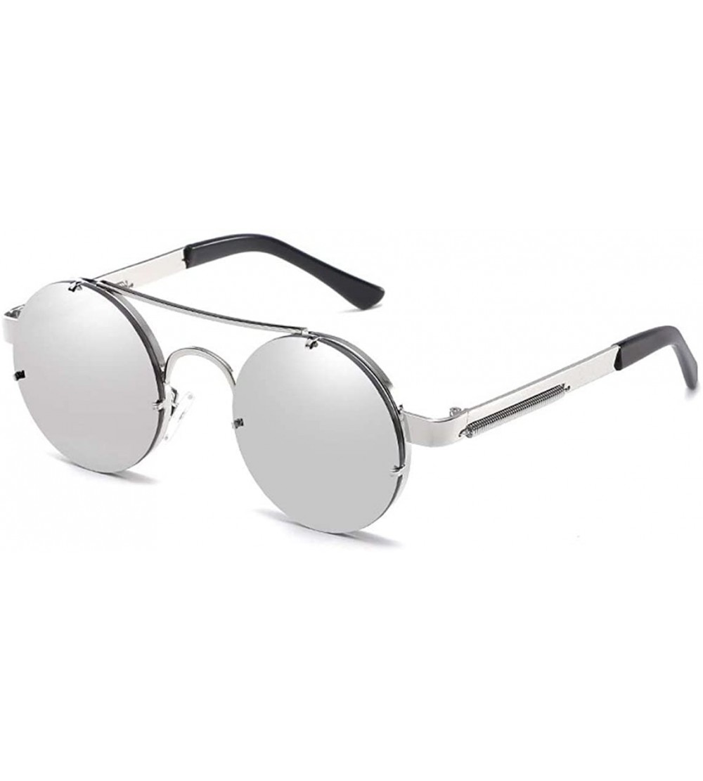 Wrap Retro Gothic SteamPunk Sunglasses Round Metal Frame Flat or Mirrored Lens Men Women - Silver Color - CL11RO6WDRN $53.44