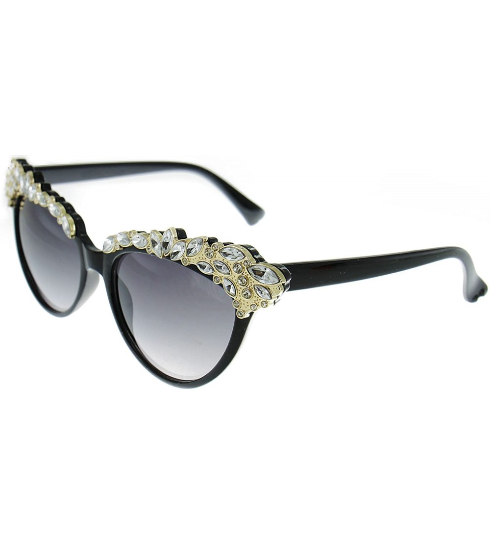 Shield Magnifique" Women's Crystal Embellished Cateye Fashion Trendy Sunglasses - Black and Gold - CF12IEK6Z2V $34.72