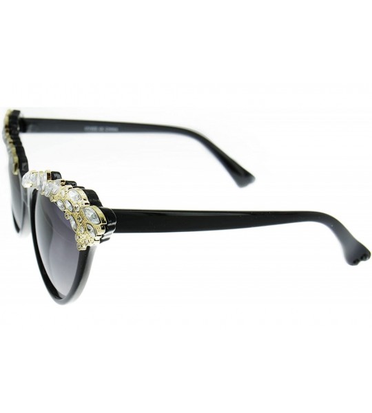 Shield Magnifique" Women's Crystal Embellished Cateye Fashion Trendy Sunglasses - Black and Gold - CF12IEK6Z2V $34.72