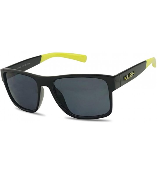 Sport Men's Rectangular Horn Rimmed Dark Tinted Sunglasses w/Multicolored Arm Tips - Glossy Black Yellow - CA18UDL2T4K $23.41