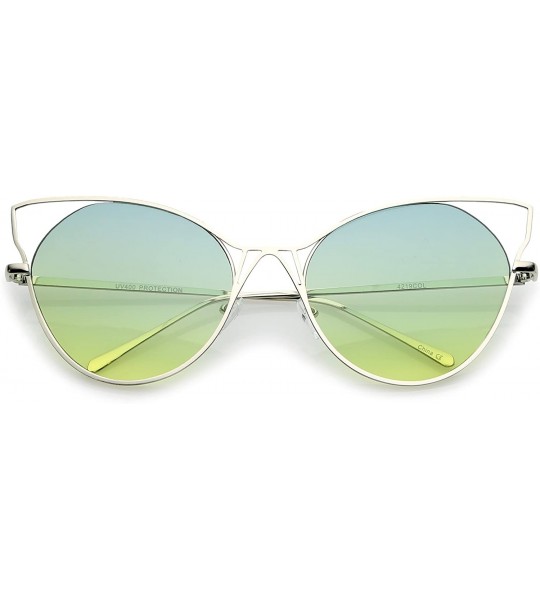 Cat Eye Women's Oversize Open Metal Cat Eye Sunglasses With Slim Arms And Flat Lens 60mm - Silver / Green Yellow - C512NVF5W3...