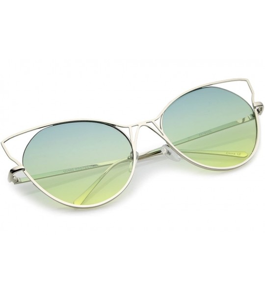 Cat Eye Women's Oversize Open Metal Cat Eye Sunglasses With Slim Arms And Flat Lens 60mm - Silver / Green Yellow - C512NVF5W3...