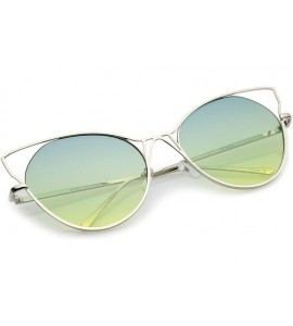 Cat Eye Women's Oversize Open Metal Cat Eye Sunglasses With Slim Arms And Flat Lens 60mm - Silver / Green Yellow - C512NVF5W3...