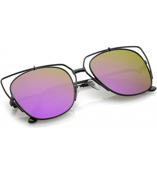 Cat Eye Women's Open Metal Slim Arm Mirrored Square Flat Lens Cat Eye Sunglasses 55mm - Black / Purple Mirror - CB1836C64NK $...