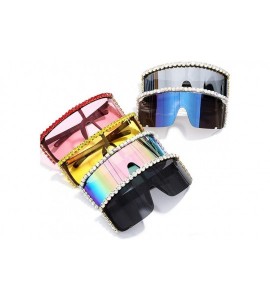 Wrap Rhinestone Oversize Shield Visor Sunglasses Flat Top Mirrored Mono Lens - Silver Mirror - CS19DSHLQ9W $30.49