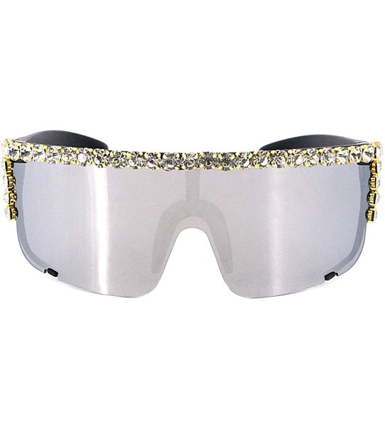 Wrap Rhinestone Oversize Shield Visor Sunglasses Flat Top Mirrored Mono Lens - Silver Mirror - CS19DSHLQ9W $30.49