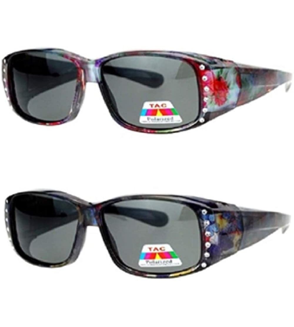 Wrap 2 Pair Polarized Lenses Rhinestone Fit Over Wear Over Glasses Rectangular Sunglasses - 2 Pair Flower/Purple - CR197WQ3SW...
