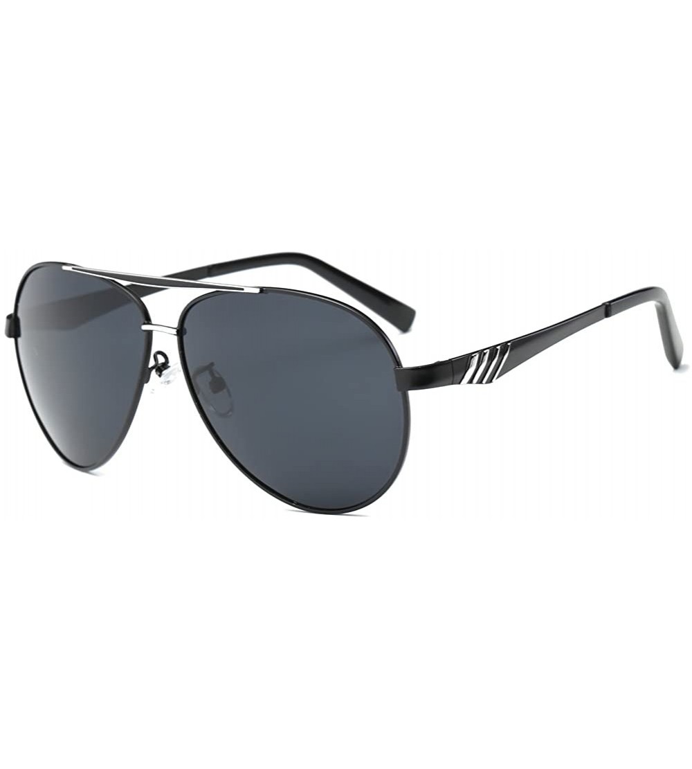 Aviator Men Sunglasses HD Lens Metal Frame Polarized Sunglasses 100% UV400 Protection - Silver Flame & Black Lens - C9186NECU...