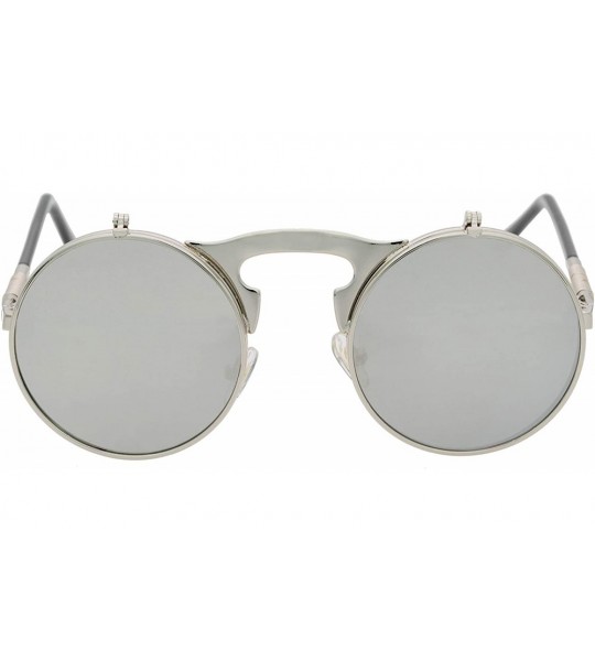 Round Retro Flip-Up Round Goggles Seampunk Sunglasses - Silver/White - CP18C3IRZL7 $26.21