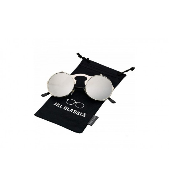 Round Retro Flip-Up Round Goggles Seampunk Sunglasses - Silver/White - CP18C3IRZL7 $26.21