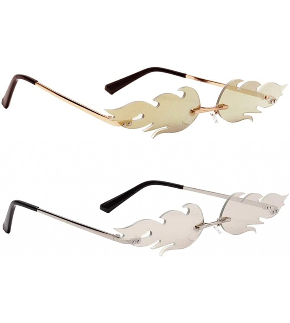 Goggle 2pcs Fire Flame Sunglasses Rimless Wave Sun Glasses Eyewear Gold Silver - C8197SGU03W $24.62