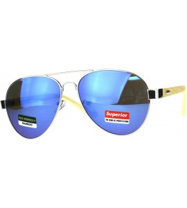 Aviator Real Bamboo Wood Temple Sunglasses Unisex Aviator Mirror Lens UV 400 - Silver (Blue Mirror) - CP18DG8KWR7 $24.67