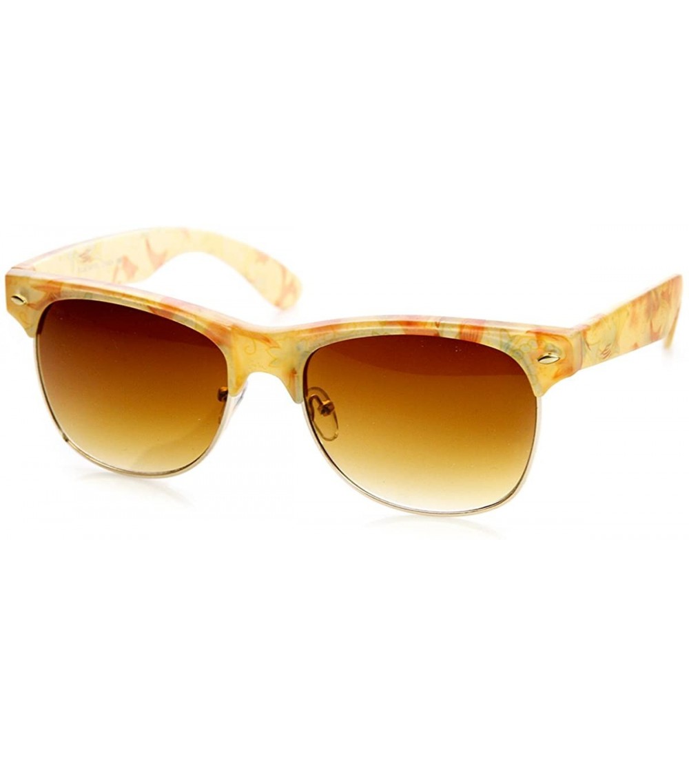 Wayfarer Womens Fashion Floral Print Flower Half Frame Horn Rimmed Sunglasses - Yellow-floral Amber - CO11O5E7LWJ $19.61