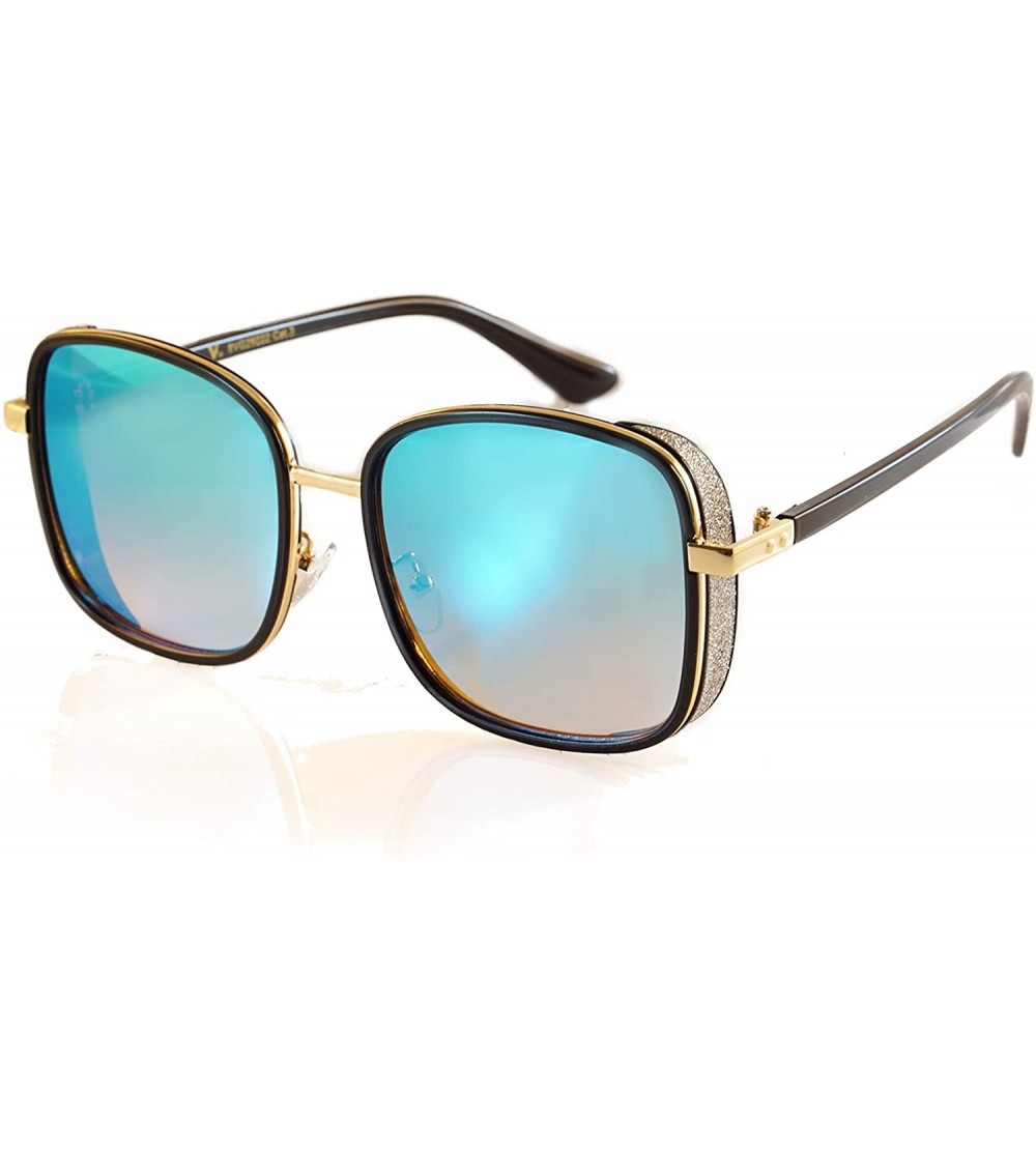 Round Oversize Side Shield Steampunk Square Gradient Mirror Sunglasses A227 - Black Blue Rv - C018HYCYX48 $28.04