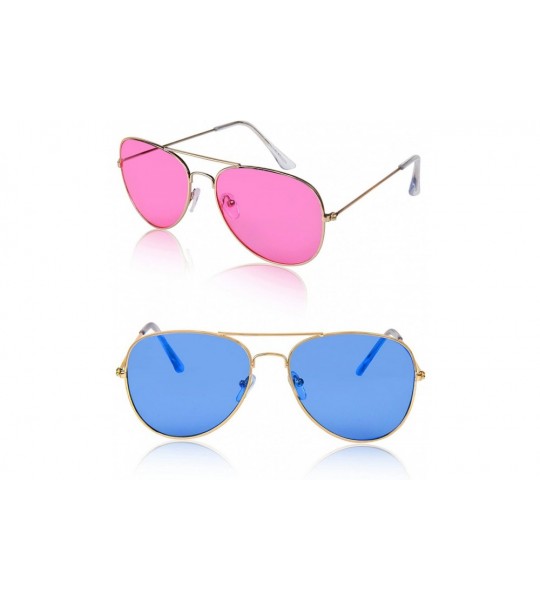 Round Aviator Sunglasses Colored Tinted Lens Glasses Metal UV400 Protection - 2 Pack Pink/Blue - CG18QZKCO7K $28.00