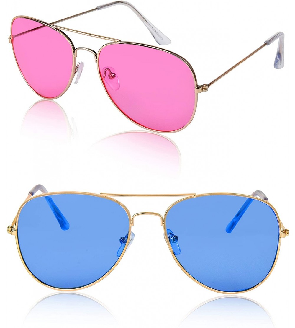 Round Aviator Sunglasses Colored Tinted Lens Glasses Metal UV400 Protection - 2 Pack Pink/Blue - CG18QZKCO7K $28.00