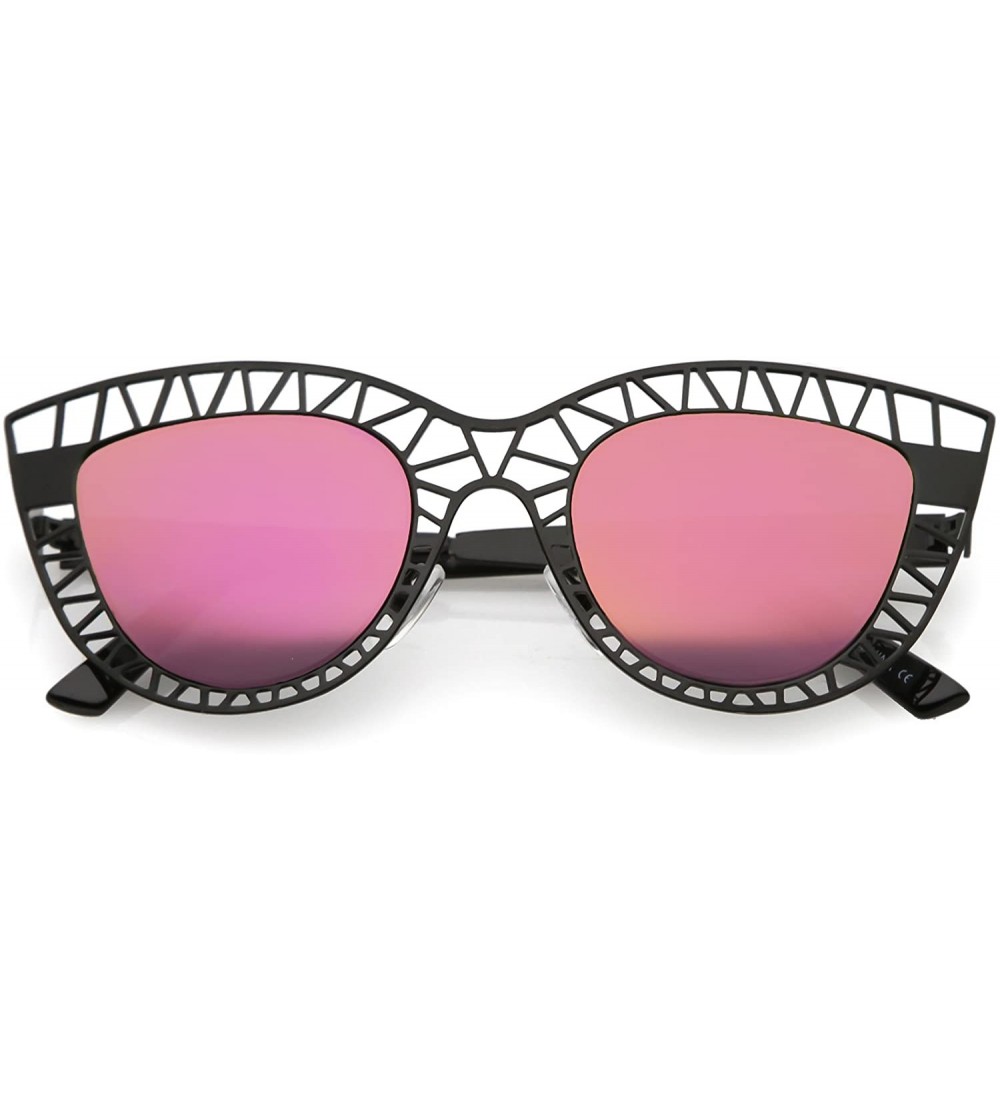 Cat Eye Unique Laser Cut Out Color Mirrored Lens Cat Eye Sunglasses 48mm - Matte Black / Pink Mirror - CK188K0HS30 $24.13