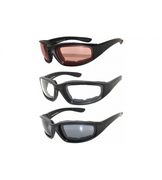 Goggle Set of 3 Pairs Motorcycle Padded Foam Glasses Smoke Yellow or Clear Lens - Blk_sm_cl_am - CM12NTKXHWH $20.38