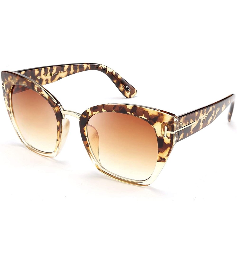 Square Retro Oversized Cateye Sunglasses Leopard Frame with Delicate Metal T-SIGN for Women B2576 - 5 - C4196GA2CX0 $28.59