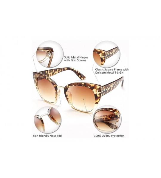 Square Retro Oversized Cateye Sunglasses Leopard Frame with Delicate Metal T-SIGN for Women B2576 - 5 - C4196GA2CX0 $28.59