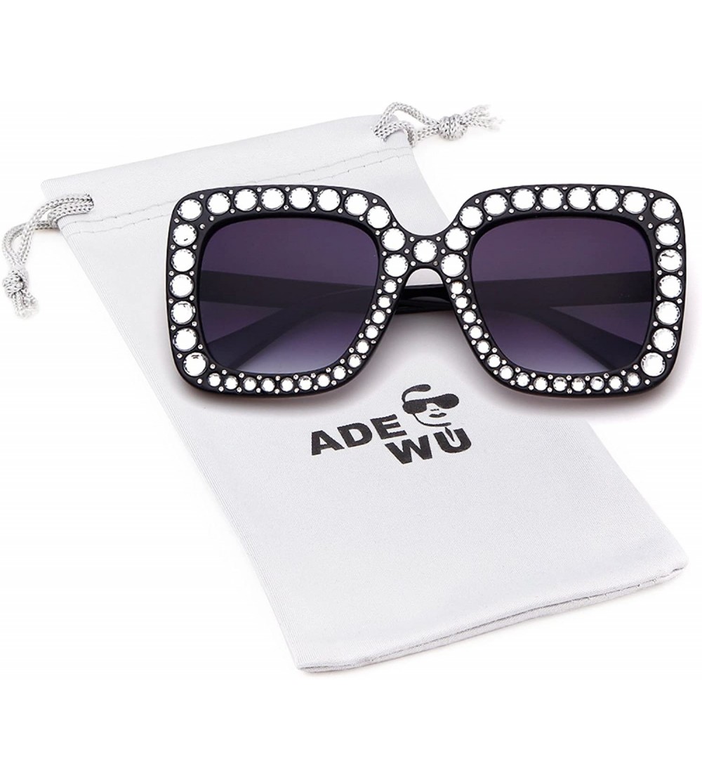 Round Square Oversize Women Sunglasses UV Mirror Retro Crystal Rim Brand Desginer Glasses - Black - CB180EMCZ7Y $25.00